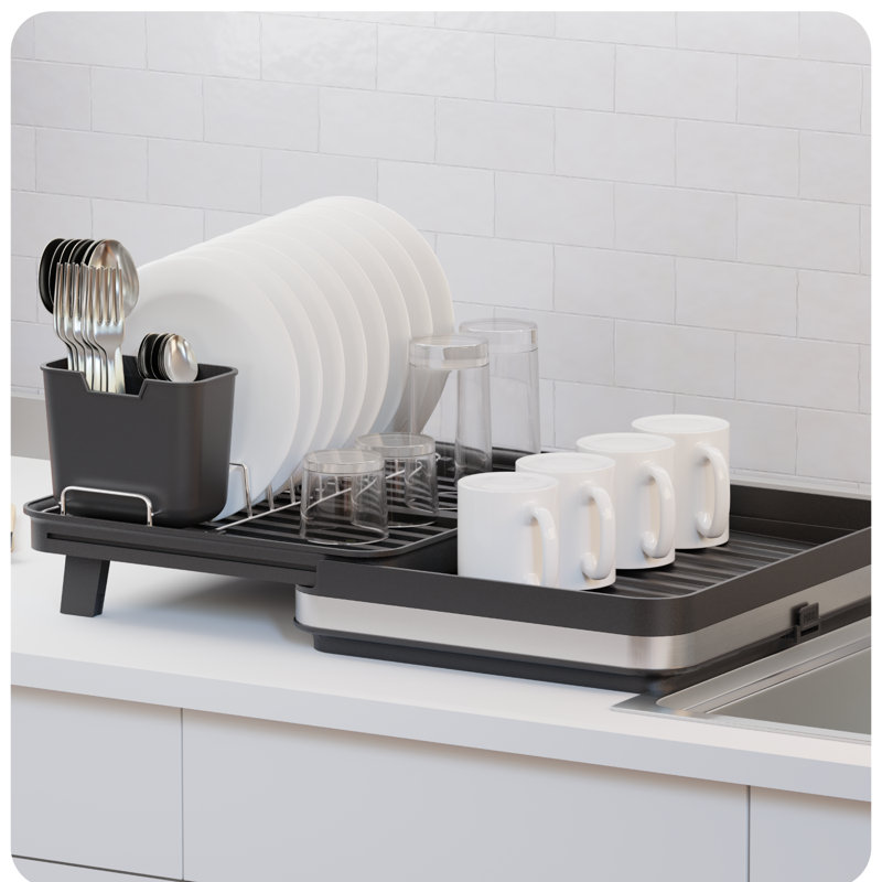 Home Zone Living Large Collapsible Dish Drying Rack with Push-Drain and Utensil Caddy