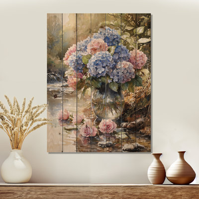 Hydrangeas And Roses By The River - Hydrangea Wood Wall Art - On Natural Pine Wood