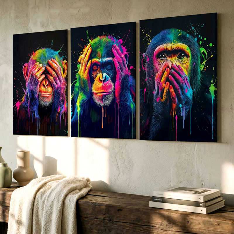 3 pièces d'art mural singe expressionniste coloré, trois pièces d'art mural pour le salon, la chambre à coucher et le bureau, prêt à être accroché, aspect encadré