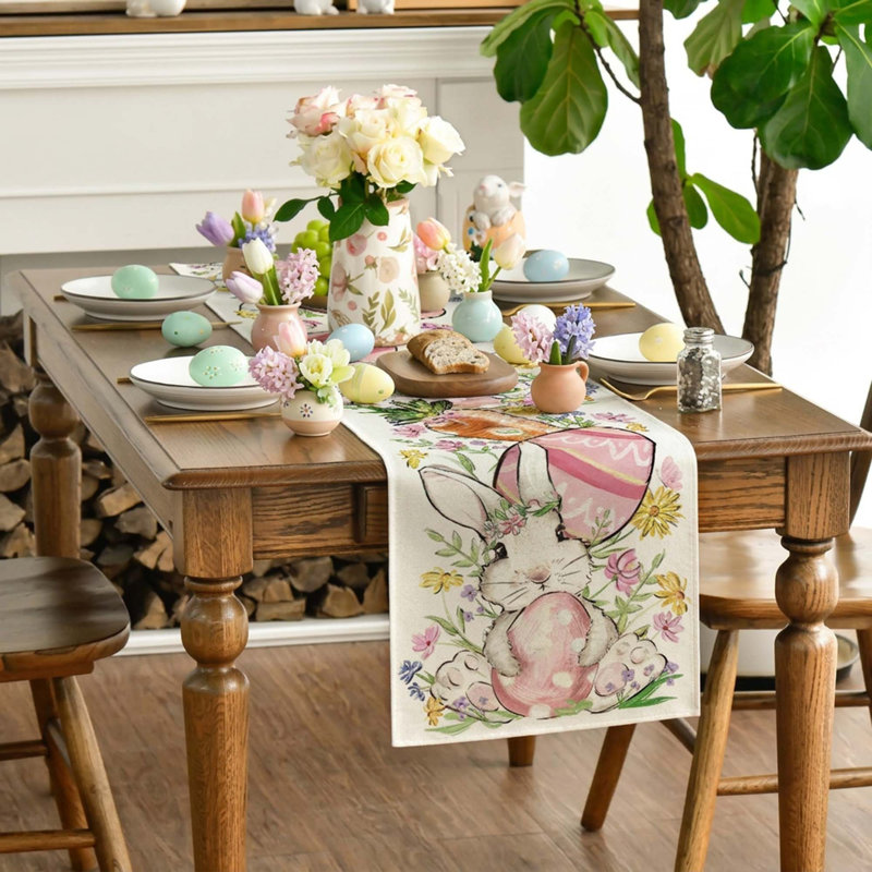 Easter Table Runner Bunny Rabbit Egg Flower Spring Kitchen Dining Table Decoration for Home Party Decor 1 Piece