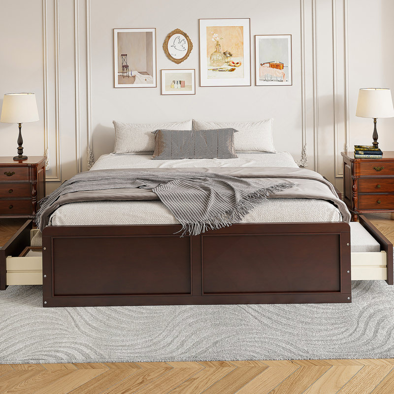 Structure de lit plateforme en bois grand format avec 6 tiroirs blanc, Blanc