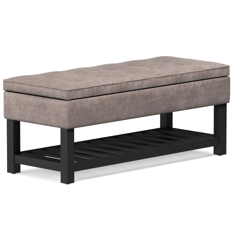 Cosmopolitan 44"W Vegan Leather Transitional Storage Ottoman Bench with Tufted Lift-Top and Shelf, Distressed Gray Taupe