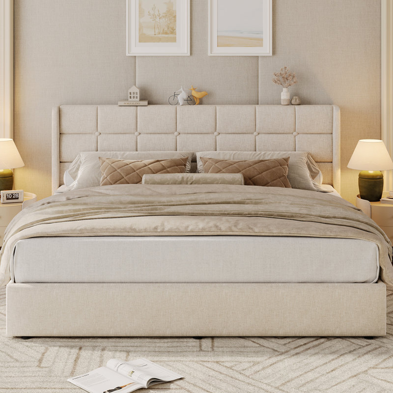Lift Up Storage Bed Frame, Linen Upholstered King Platform with Button Tufted Wingback Headboard and Under-Bed Storage, Hydraulic Support, No Box Spring Needed, Noise Free, Beige
