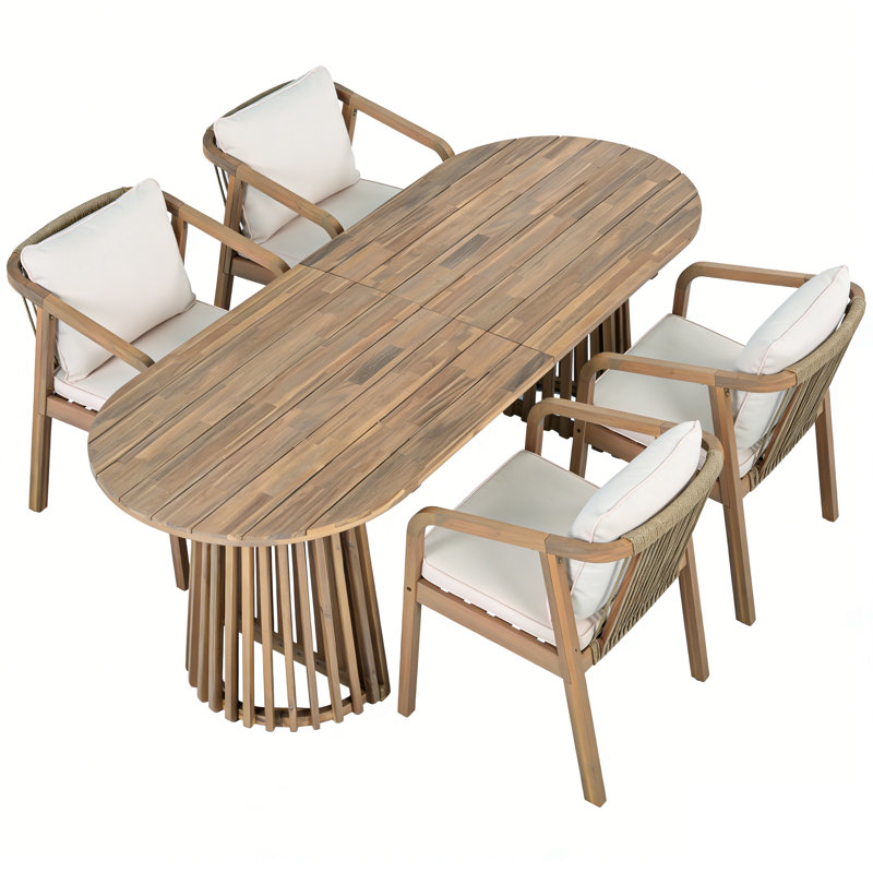 Emeli Outdoor 4-Person Acacia Wood Dining Set With Woven Rope & Cushions, 4