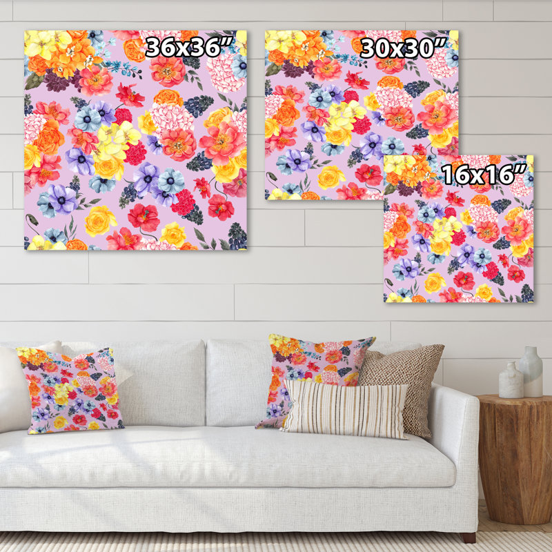 Orange, jaune, fleurs bleues sur rose - peinture sur toile, H 16 po x l 16 po, Toile tendue