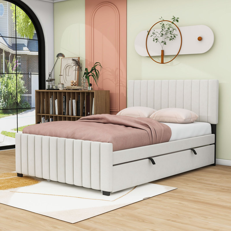 Lit plateforme double en bois avec lit gigogne Vale, Beige