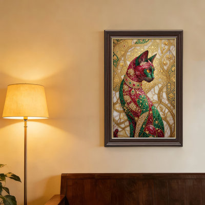 Art mural antique sur toile encadré doré pour le salon, la chambre à coucher, le bureau ou le vestibule - décoration murale décorative avec chat artistique