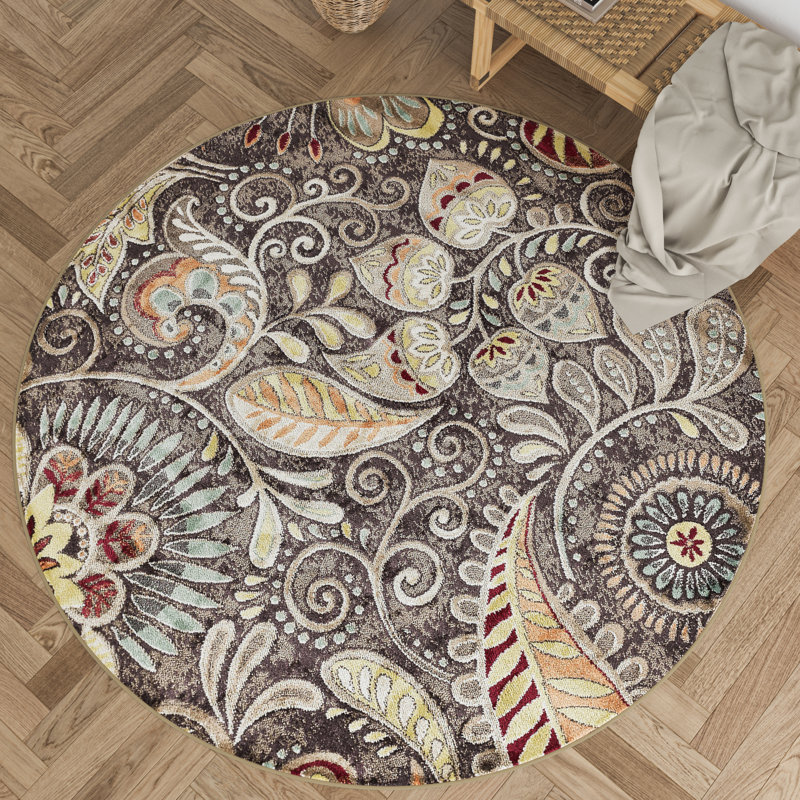 Tapis brun à motif floral Juliet, Rond 5 pi 3 po