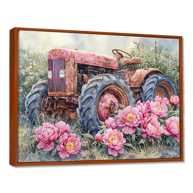 Pivoines par le vieux tracteur VI - pivoines, art mural, H 30 po x l 40 po, Brun, Reproduction avec cadre flottant
