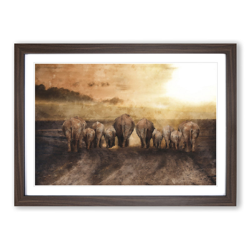 Herd of Elephants on a Dusty Road - Picture Frame Painting Print, 24cm H x 33cm W x 2cm D, Walnut Framed