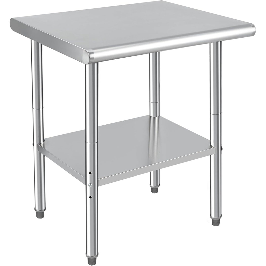 Stainless Steel Work Table 2-Tier, Commercial Workbench with Adjustable Under Shelf, Lockable Casters and Backsplash, for Kitchens, Food Prep, and Wor