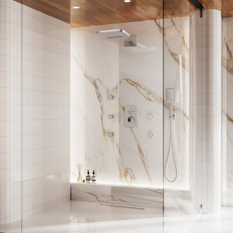 4-Function Wall Mounted Thermostatic Complete Shower System with 6 Body Jets and Rough-in Valve, Brushed Nickel