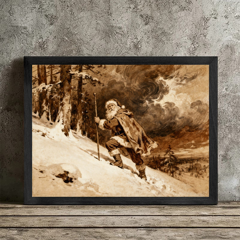 Art mural rétro noir encadré père Noël - Reproduction encadrée de scène de forêt de Noël rustique, H 17 po x l 13 po