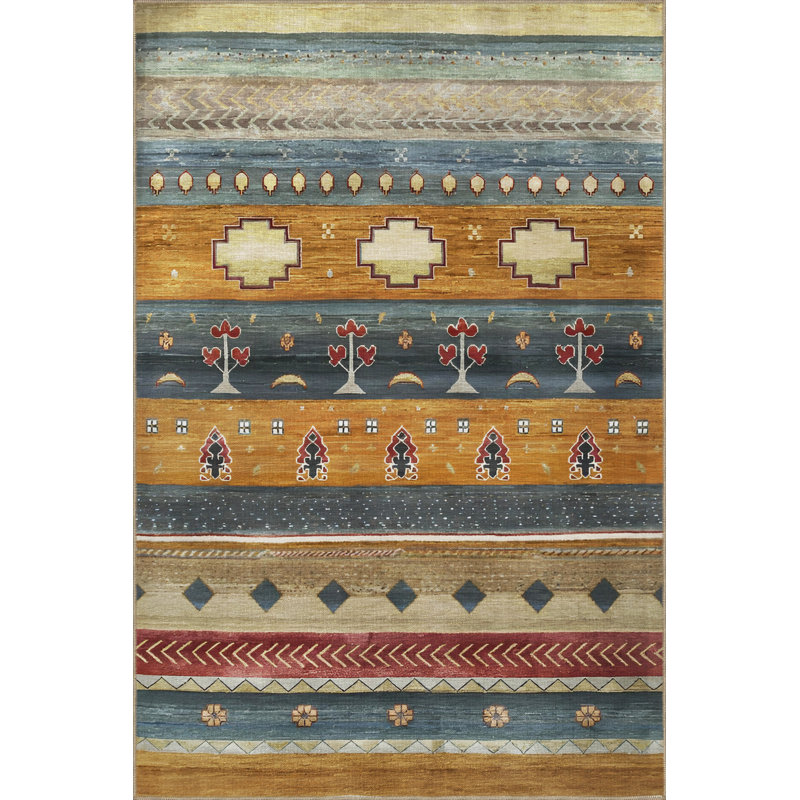 Yellow-Blue Themed Multi-Colored Stripe Section Mixed Shape Patterned Modern Decorative Rug, Runner 3'3.37" x 6'6.74"