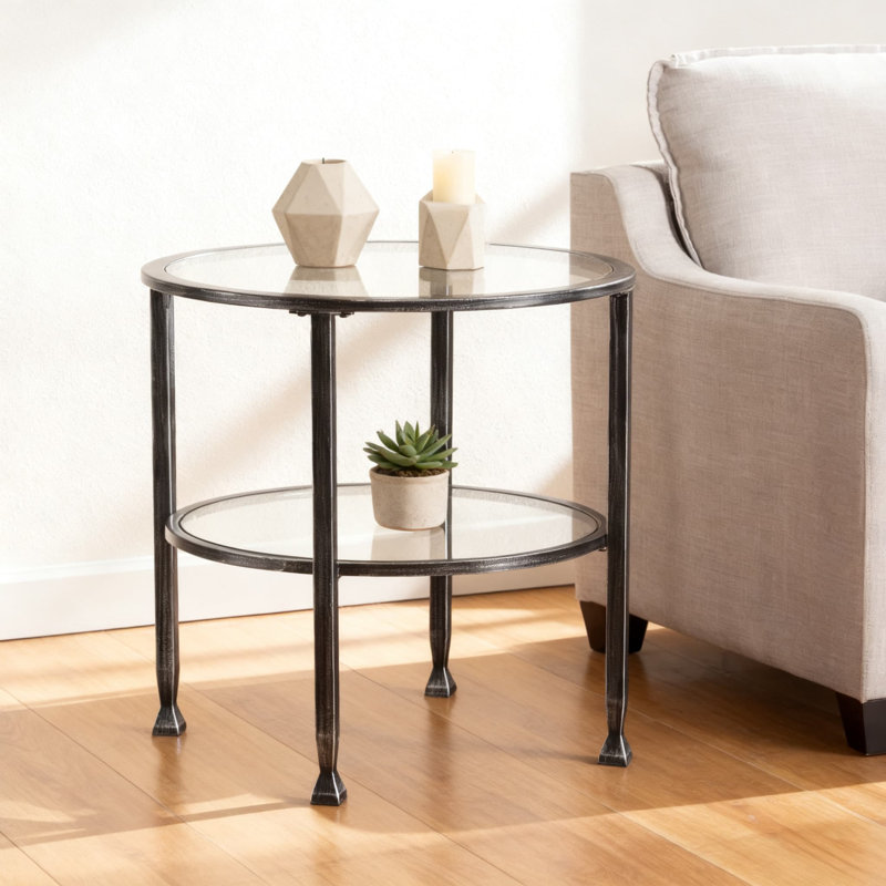 Table de bout ronde avec plateau en verre trempé et tablette fixe, table d'appoint minimaliste pour le salon, la chambre à coucher ou le bureau