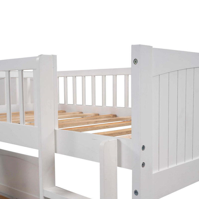 Lit simple simple avec lit mezzanine et deux tiroirs de rangement pratiques, blanc, Blanc