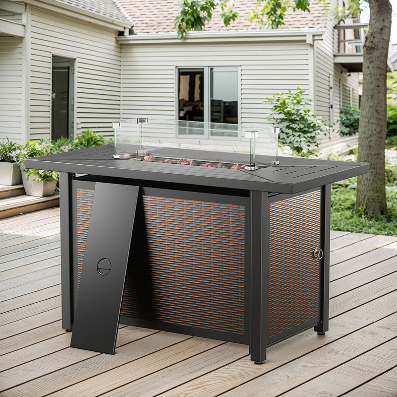 Aluel Rectangular Iron Fire Pit Table With Wicker Print Finish - 50,000 BTU Adjustable Outdoor Heater With Wind Guard