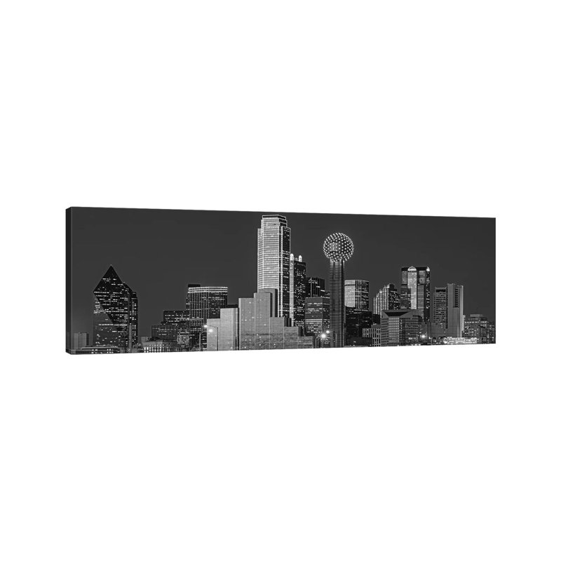 USA, Texas, Dallas, Panoramic View of An Urban Skyline at Night BW, Black and White 1 Piece Wrapped Canvas Panoramic Wall Art