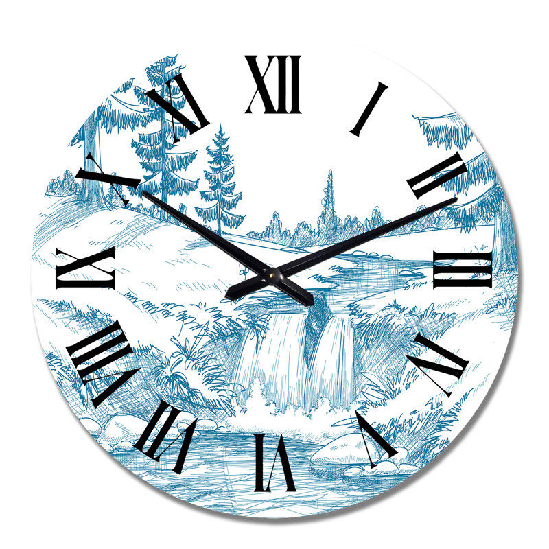 Bleu clair rivière de montagne sur fond blanc - horloge murale, Grand