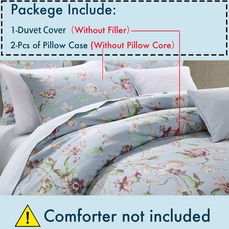  800TC 100% Egyptian Cotton Duvet Cover Set，3pcs Luxury Vintage Colorful Floral in Light Blue Bedding Set, Aesthetic Botanical Pattern for Bedroom Guest Room Student Dorm All Seasons
