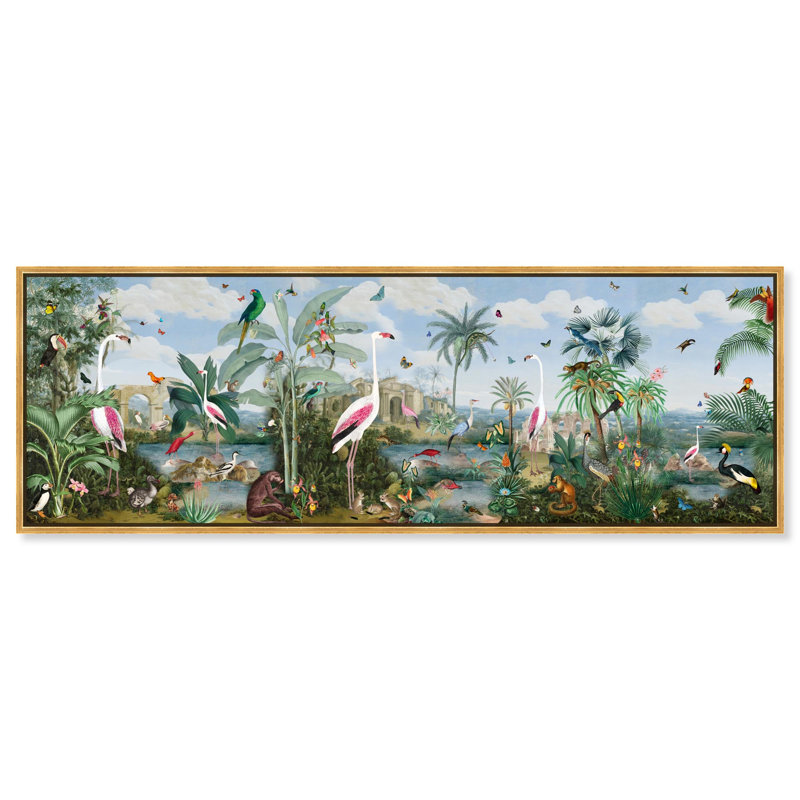 Oliver Gal Paradise Chinoiserie Panorama Landscape - Heavy Gel Top Coat Framed Canvas Art, Gold