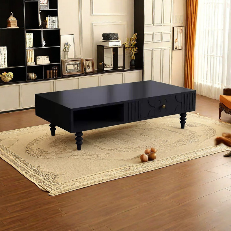 Coffee Table with Large Storage & Vintage Drawers, Black