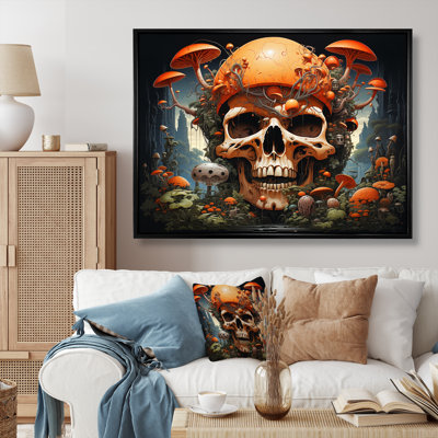Tête de mort souriante, champignons orange, impression d'Halloween