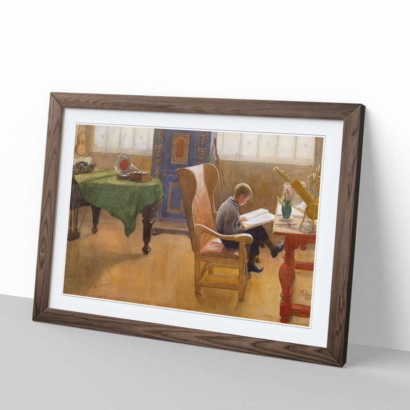 Esbjorn in the Study by Carl Larsson - Picture Frame Painting, 36cm H x 48cm W x 2cm D, Walnut Framed