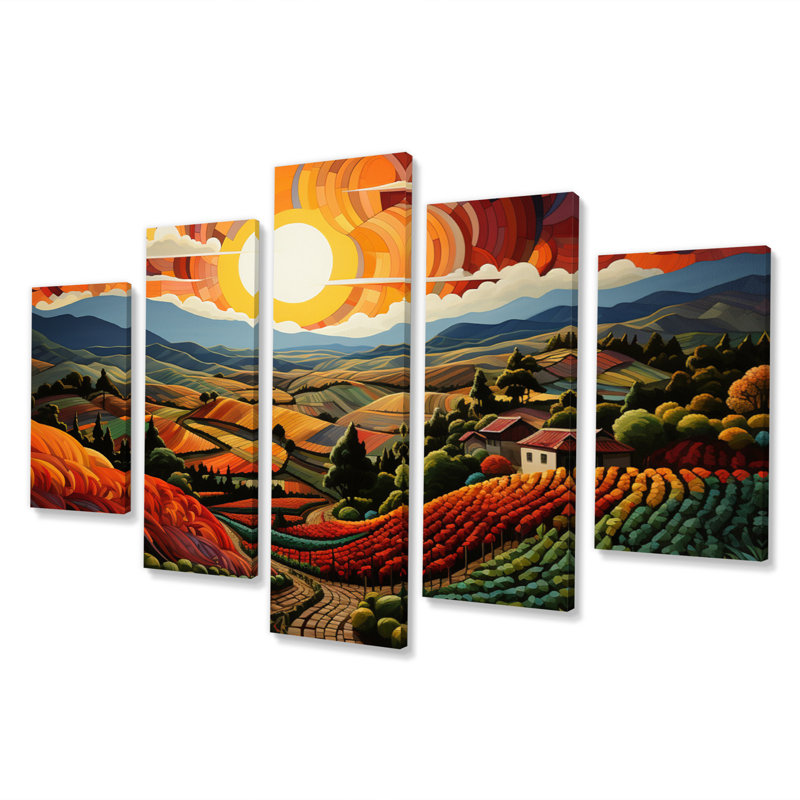 «Orange Green Vineyard Rows Of Ruby I», impression d'art mural de ferme - 5 panneaux