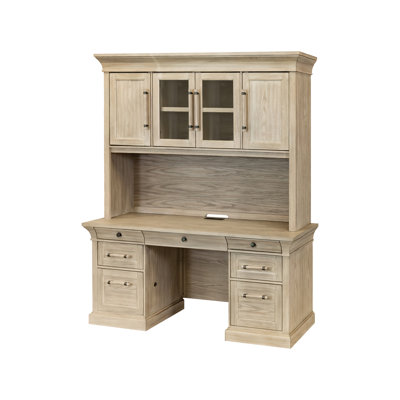 Traditional Wood Executive Desk, Office Storage Hutch with Doors, Brown