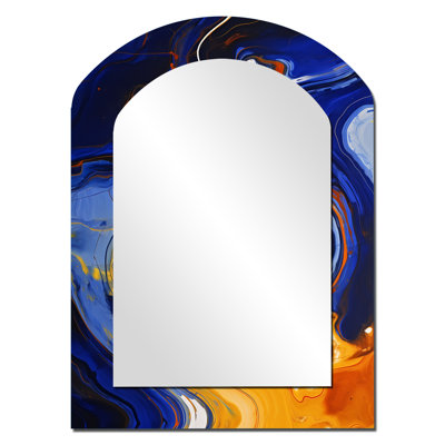 Yellow and blue liquid ink river I - Liquid Ink Asymmetrical Decorative Wall Mirror, Yellow Arch Large Mirror, Printed Metal Art