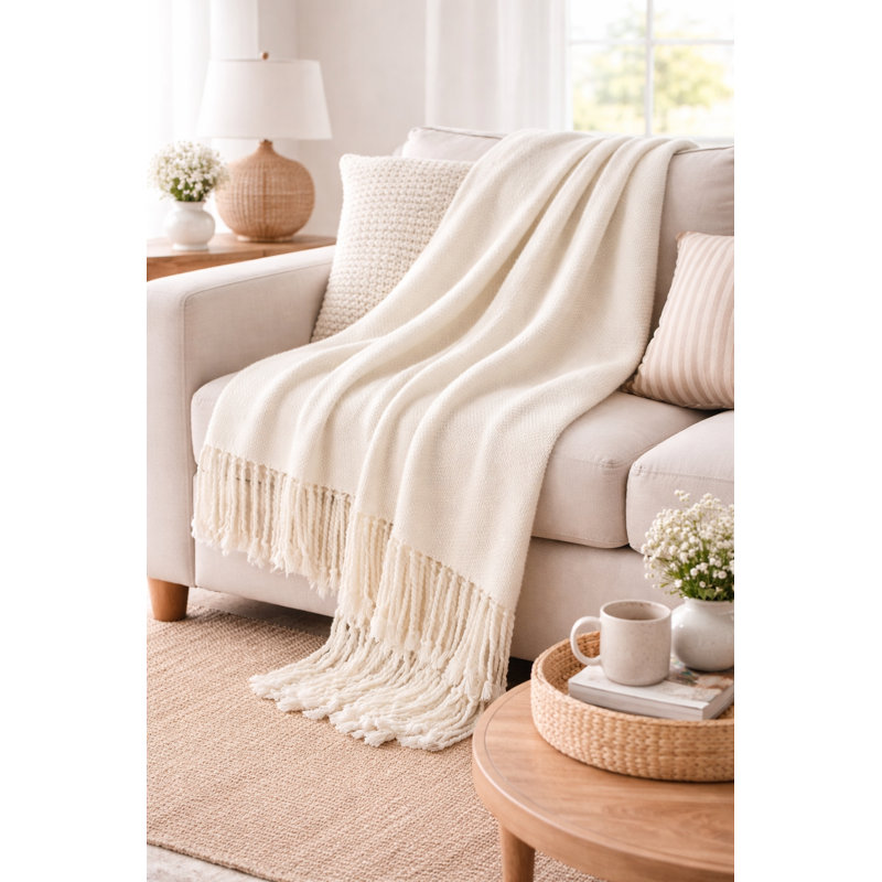 Jeté léger tissé ivoire avec motif de franges l 50 po x L 60 po , Ivoire