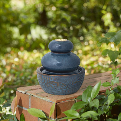 Outdoor Fountains with LED Lights - 8.75"H Turquoise Leaf-Textured Ceramic Tabletop Water Feature for Home & Garden