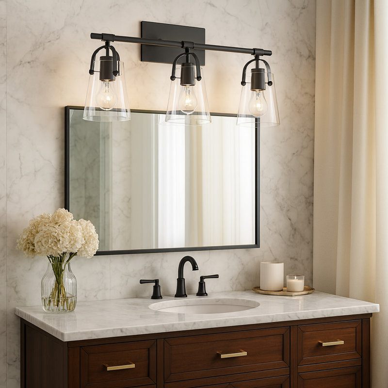 Foster Three-Light Bath Vanity w/ Clear Glass Shades