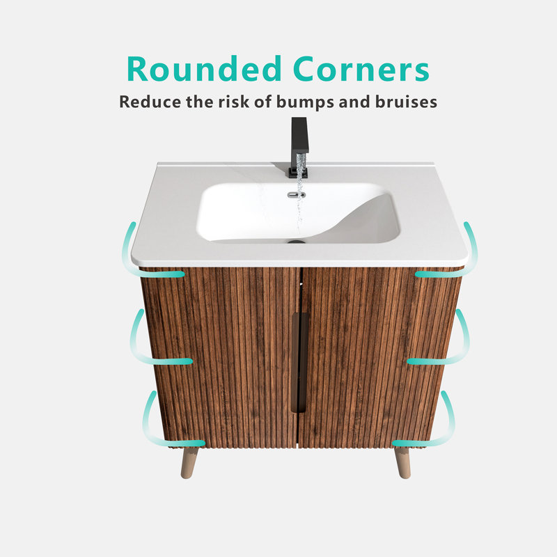 Meuble-lavabo de 30 po avec lavabo - noyer rayé, design moderne, bords arrondis, porte à fermeture en douceur réfléchie, grand rangement, bords autoportants et muraux, lavabo,