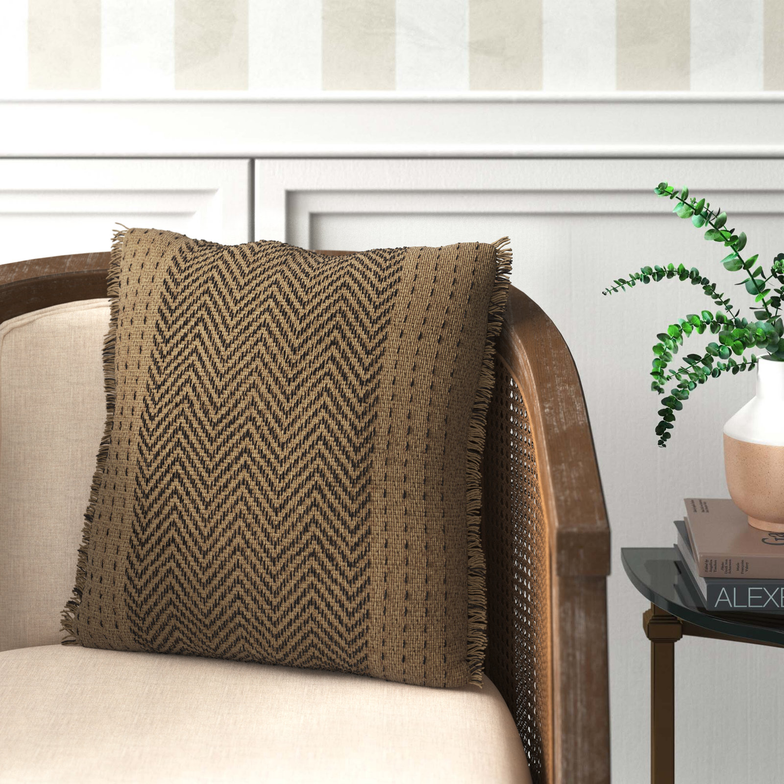 Carey Fringed Cotton Throw Pillow, Polyester/Polyfill, Natural