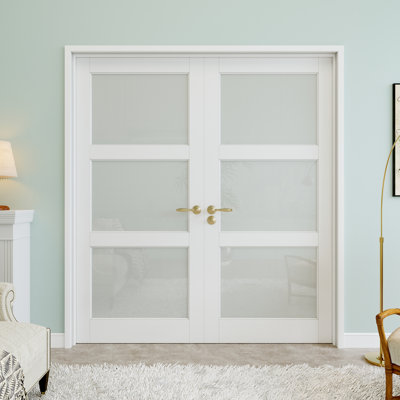 72" x 96" 3-Lite Frosted Glass Double Doors, French Doors Slab Replacement, Privacy Glass Door Slab, Paintable & Waterproof, Suit for Pantry Door, Laundry Door, Closet Door, Room Door, Home Office Door