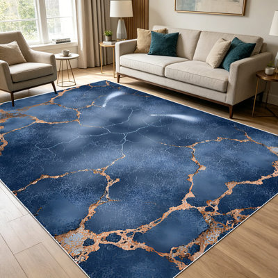 1PC navy blue gold crack marble area rugs for Living Room, Soft and Comfortable, Suitable for all seasons, easy-to-maintain, machine washable Indoor floor mat, Under Table Farmhouse suitable for dining room, bedroom, entryway, kitchen, home office,