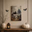 «Flying Witch Over Spooky Village with Pumpkins», art mural sur toile-491997362