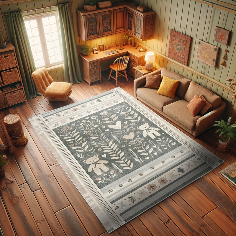 Nordic Botanical Motif Blue Synthetic Area Rug