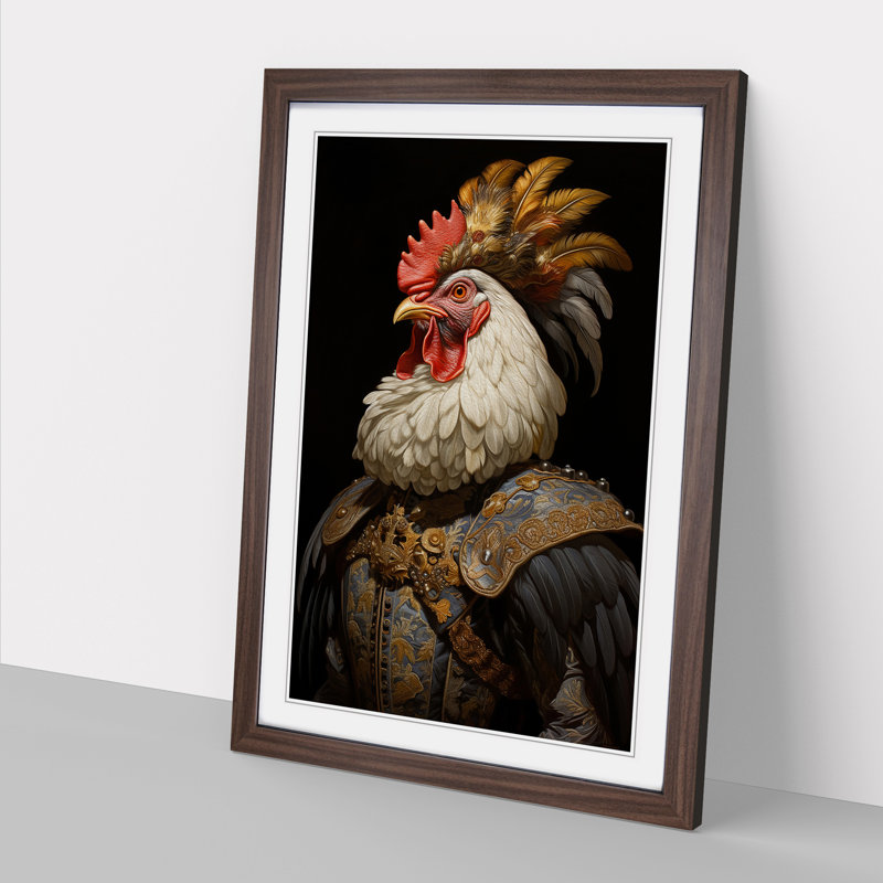Chicken Baroque - Single Picture Frame Print on Wood, 64cm H x 46cm W x 2cm D, Walnut Framed