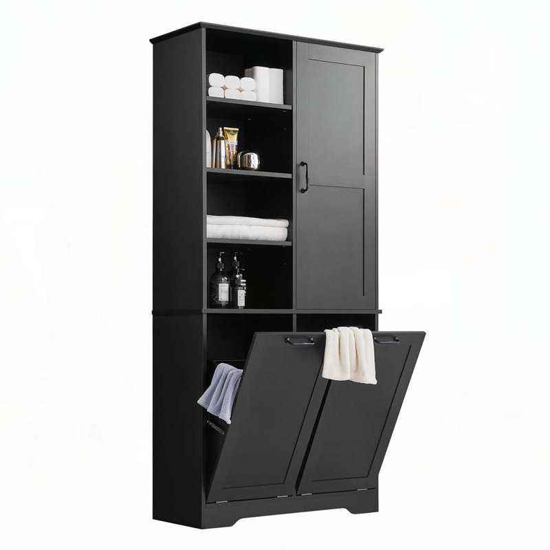 Armoire de rangement de salle de bain avec portes et tiroirs, panier à linge inclinable, plusieurs espaces de rangement, Noir