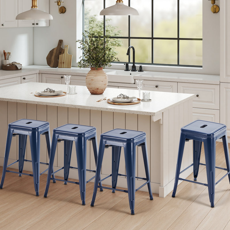 Set of 4 Stackable Backless Metal Bar Stools, Indoor/Outdoor Kitchen Counter Stools, Industrial Home Dining Chairs, Blue