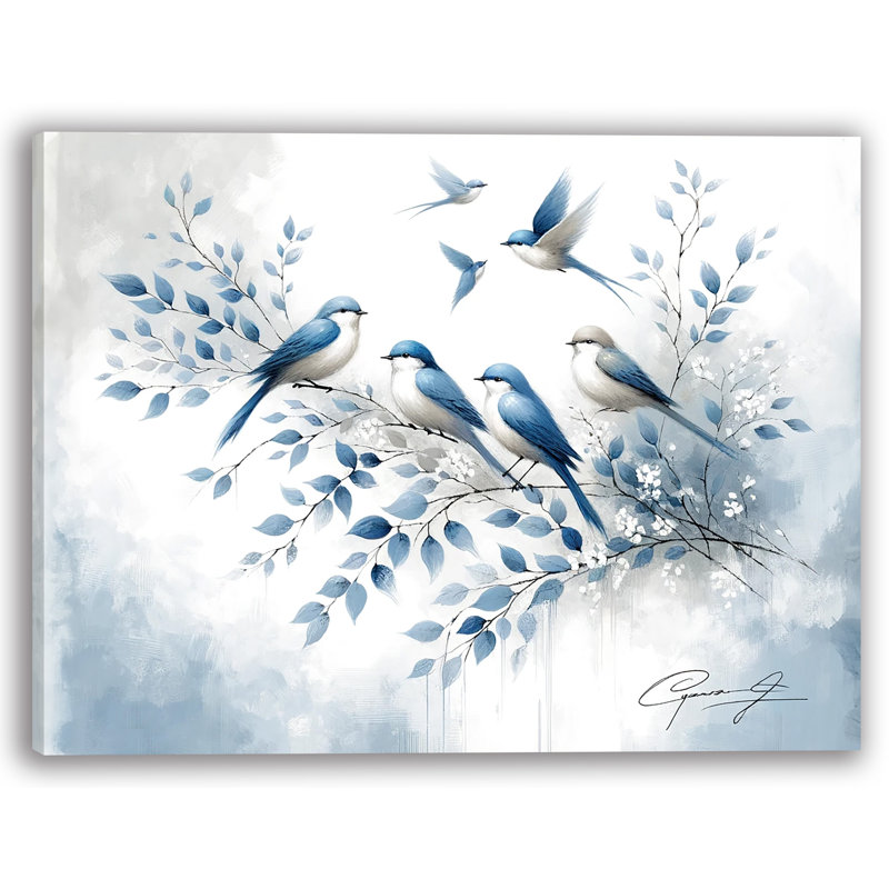 «Blue Birds in Flight with Botanical Elements», art mural sur toile tendue, H 12 po x l 16 po x P 1 po
