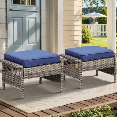 Pe extérieur de 2 avec repose-pieds gris-bleu pour terrasse de patio, coussins confortables en mousse haute densité de 3,5 po d'épaisseur, structure en acier thermolaqué rouille, tissé à la main résistant aux intempéries et à la décoloration