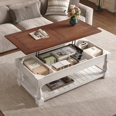 Table basse à plateau relevable rétro avec rangement pour le salon, compartiment caché et tablette inférieure, finition espresso et blanc vieilli