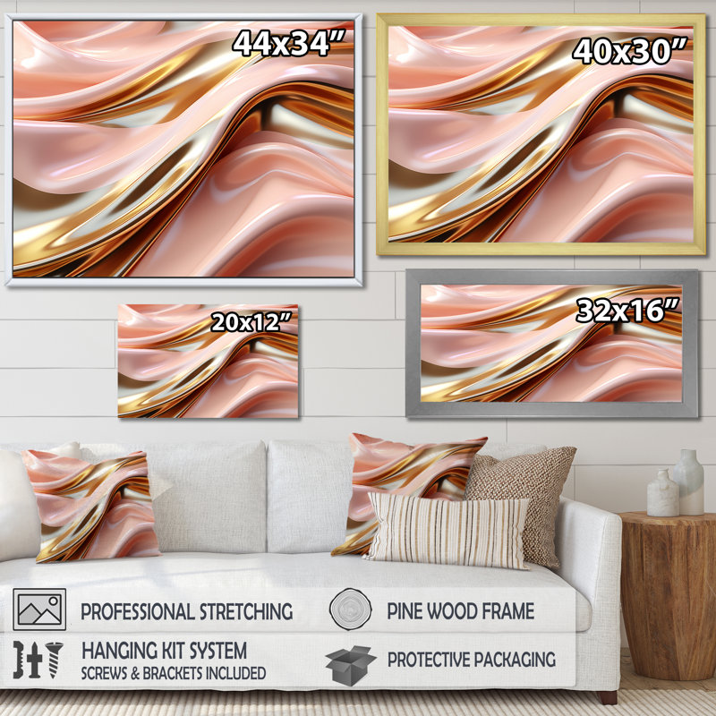 Rose et or liquide Glam Wave - formes abstraites, impressions d'art mural, H 12 po x l 20 po x P 1 po, Cadre simple blanc