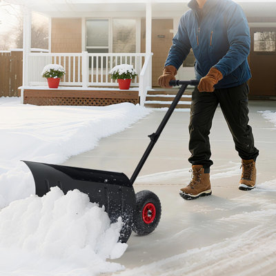 29" Wide Snow Shovel with Wheels, Adjustable Handle & Angled Blade for Driveway, Sidewalk, & Pathway