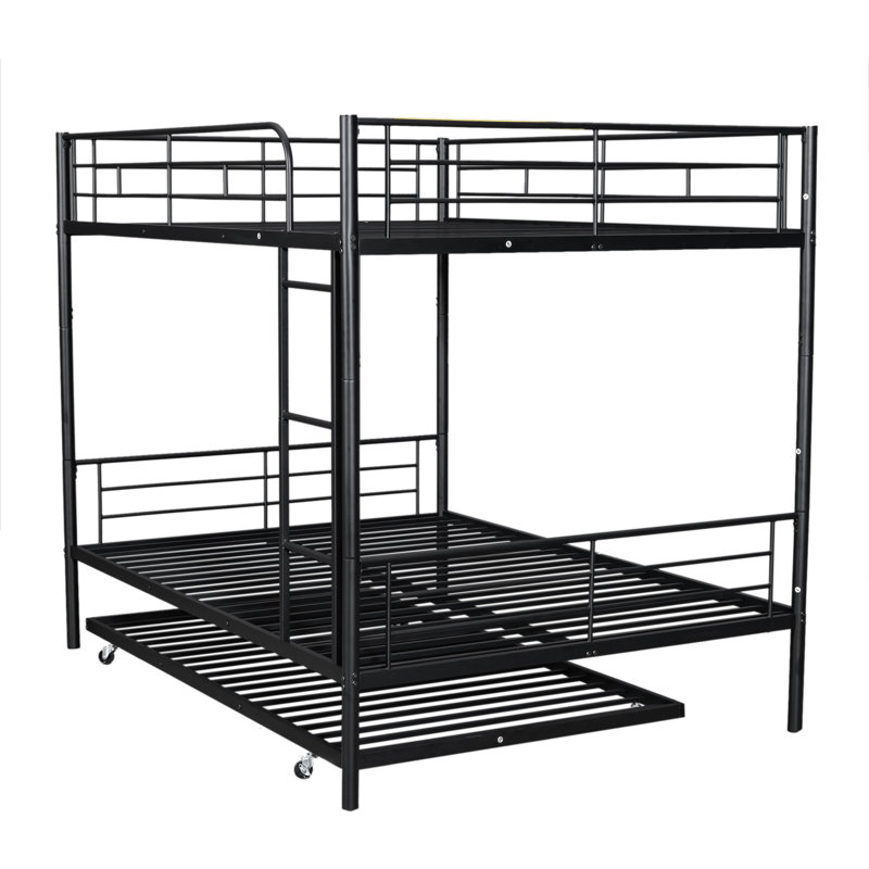 Full Over Full Metal Bunk Bed With Trundle, Silver, Noir