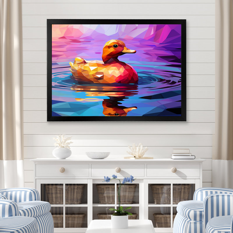 Canard jaune sur un lac mauve - art mural canard, Cadre d'angle fermé noir, H 24 po x l 32 po x P 1 po